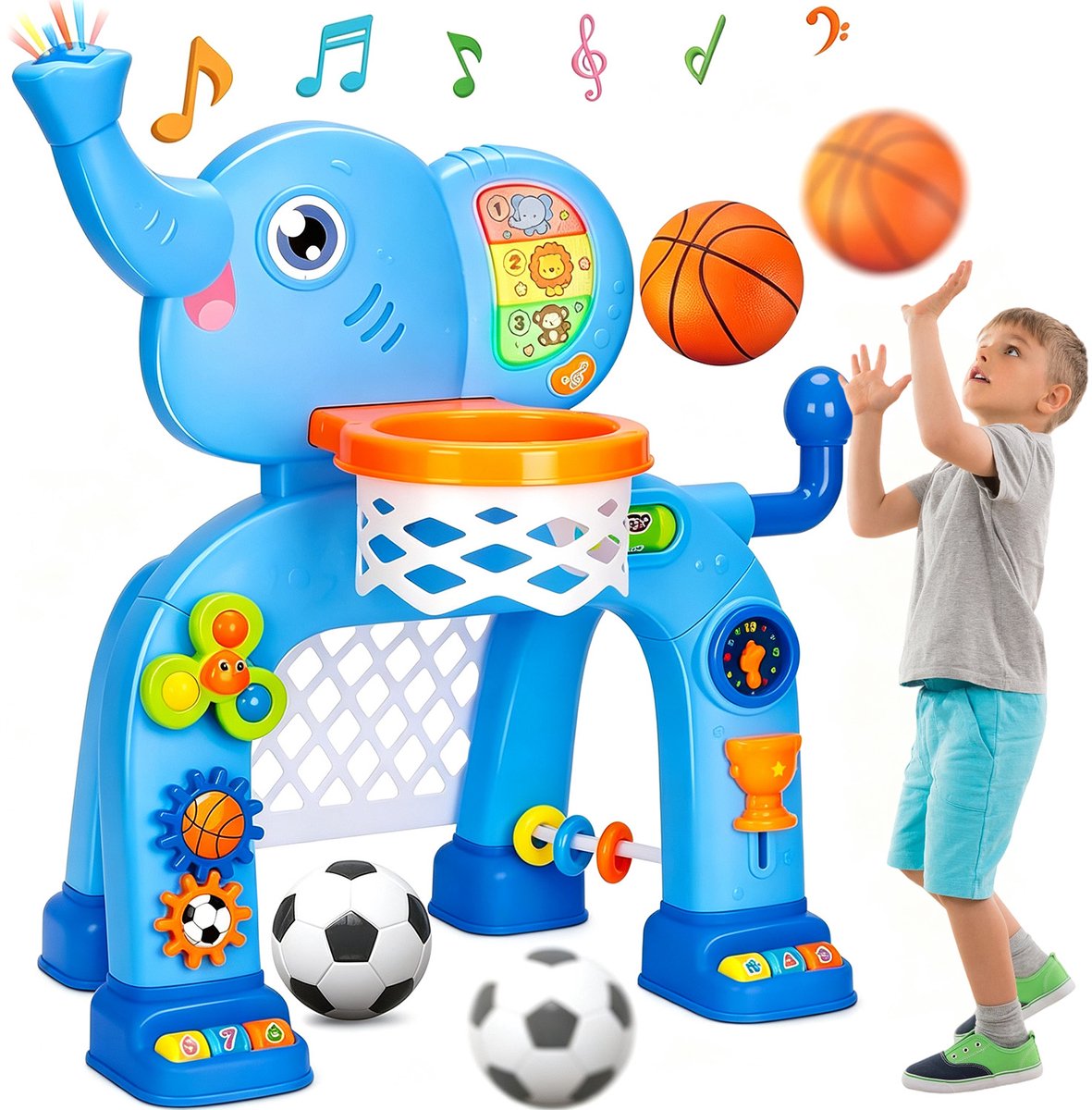 Kinderspelset - 2-in-1 Basketbalring & Voetbaldoel - Sportcentrum voor Kinderen - Olifant - Licht en Geluid - ABS - Basketbal Hoepelset - Voor 12-36 Maanden - Binnen en Buiten