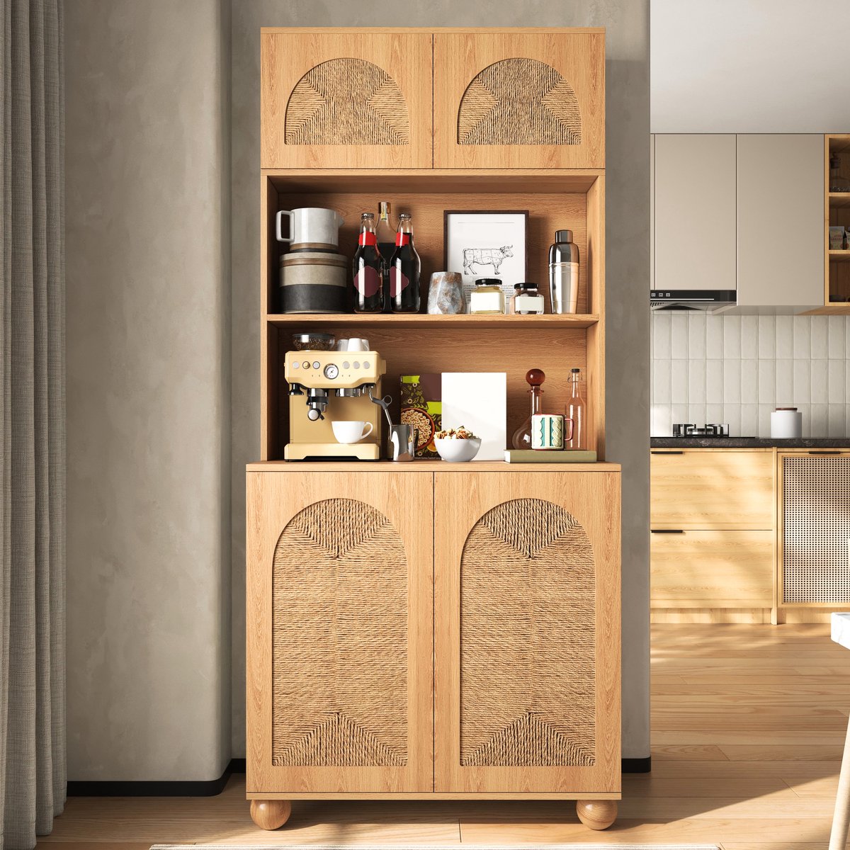 VVBV Opbergkast - 80 x 40 x 180 cm, Naturel, met 2 Deuren, Verstelbare Planken, Rotanlook, MDF & Spaanplaat, Veel Opbergruimte