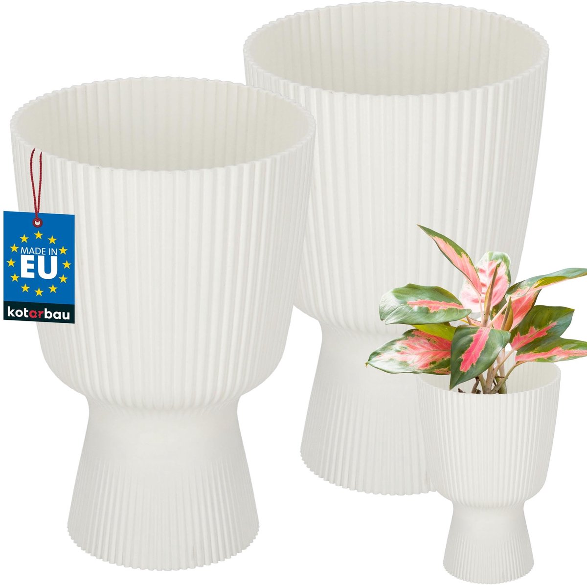 KOTARBAU® 2 Stuks - Bloempot - Plantenpot met Sokkel ⌀ 14 cm - PVC - Geribbelde Orchideeënpot - H: 21 cm - Wit - Kelkvorm