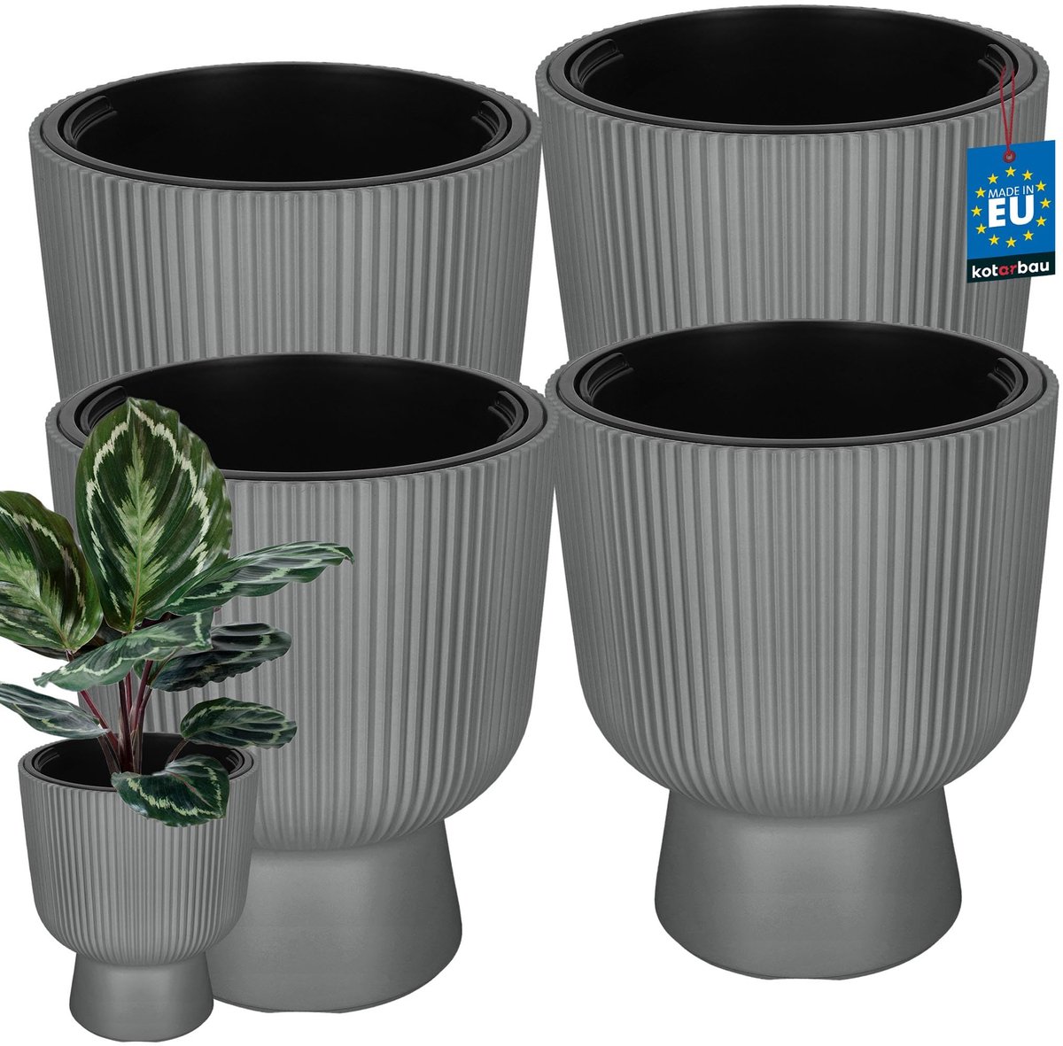KOTARBAU® 4 Stuks - Bloempot - Plantenpot Ø 29 cm - met Binnenpot - Geribbelde Plantenbak - Plantenpot met Voet - Plantenbak - Kunststof - H: 36 cm - Grijs