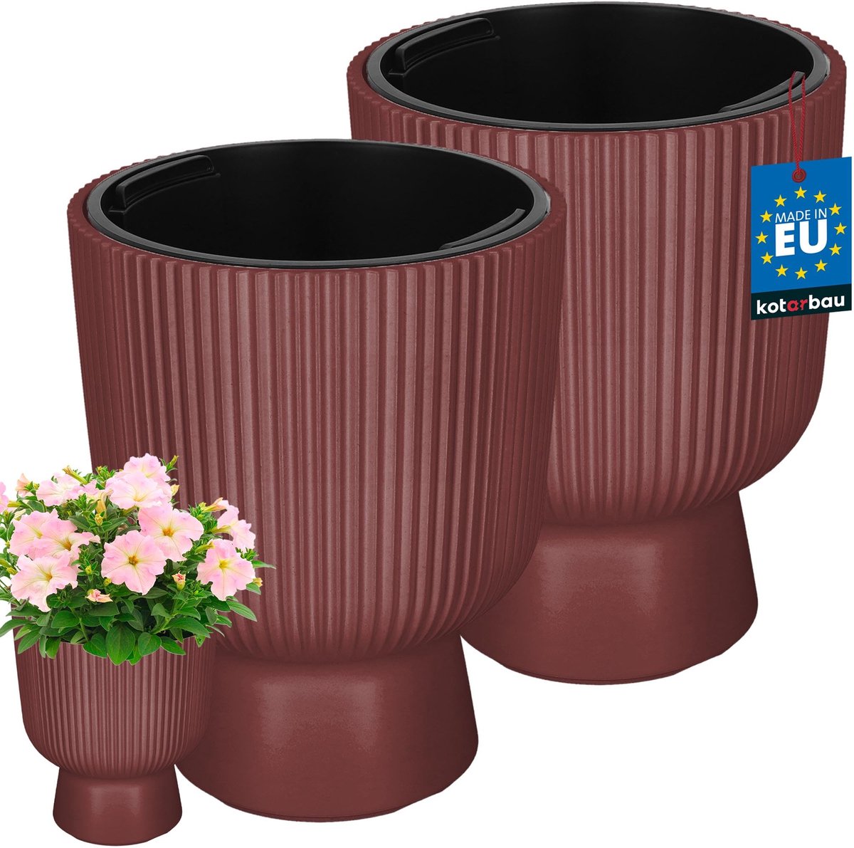 KOTARBAU® 2 Stuks - Bloempot - Plantenpot Ø 23 cm - met Binnenpot - Geribbelde Plantenbak - Plantenpot met Voet - Plantenbak - Kunststof - H: 30 cm - Marsala