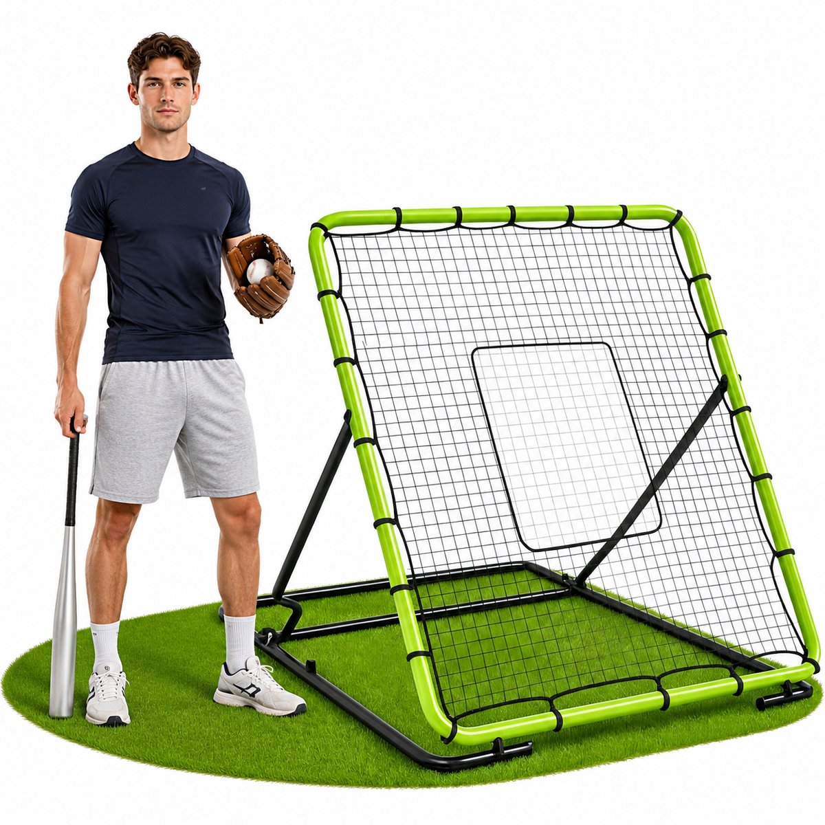 Danky 2-in-1 honkbalreboundnet, 9 doelzones, stevig stalen frame, verstelbare hoek, draagbaar, 195x130x152cm, multisporttraining voor binnen en buiten voor honkbal, softbal en American football
