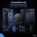 Zwarte Thingy autohouder tussen diverse smartphones: iPhone, Samsung Galaxy en Google Pixel.