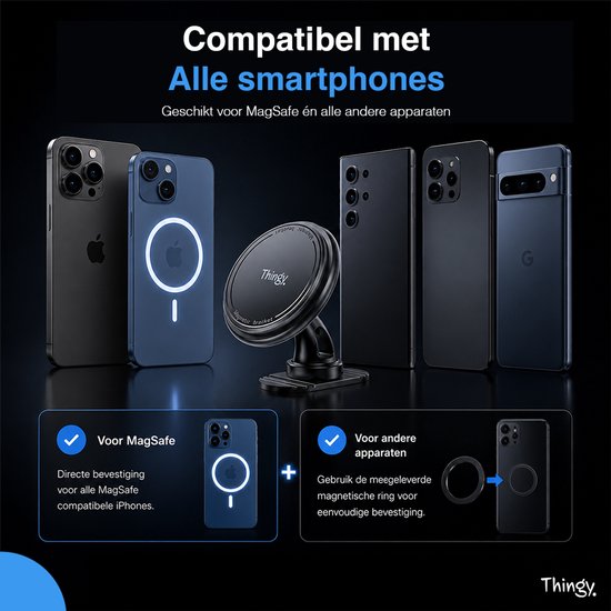 Zwarte Thingy autohouder tussen diverse smartphones: iPhone, Samsung Galaxy en Google Pixel.