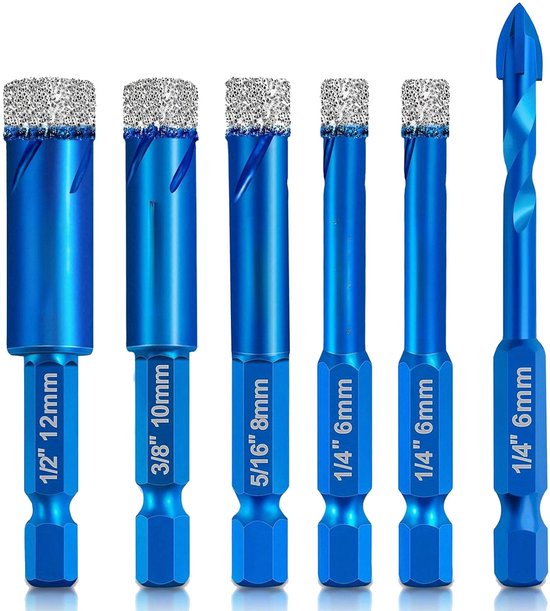Zes blauwe boren met diamantcoating en maten: 1/2" 12mm, 3/8" 10mm, 5/16" 8mm, 1/4" 6mm, 1/4" 6mm en een hardmetalen boor met punt.