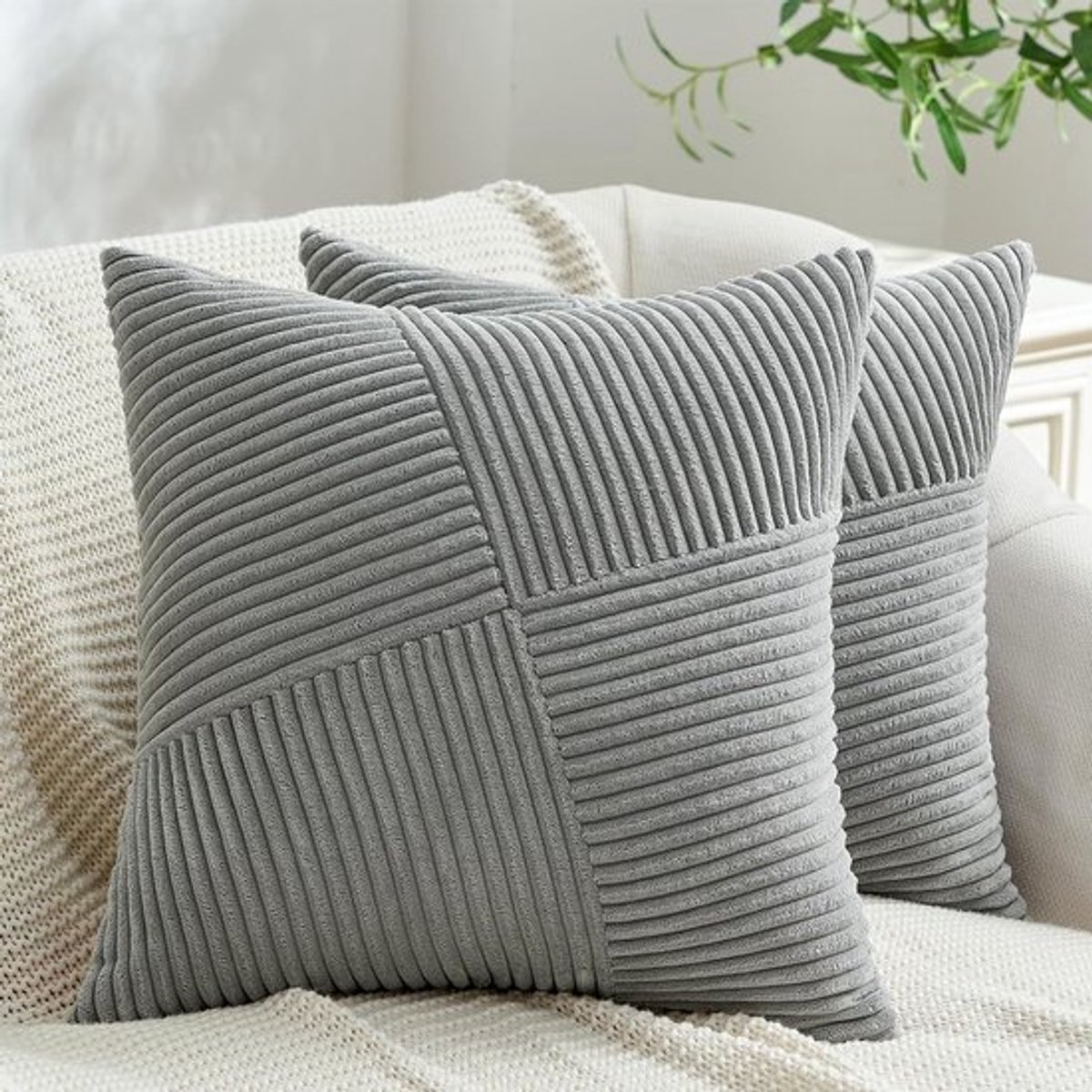 Kussenhoezen 45x45 cm Grijs 2-delige set Cord Satijn Windmolen Patchwork Strepen Ontwerp Decoratieve Kussens voor Bank en Stoelen, Perfecte cadeaus voor de Winter