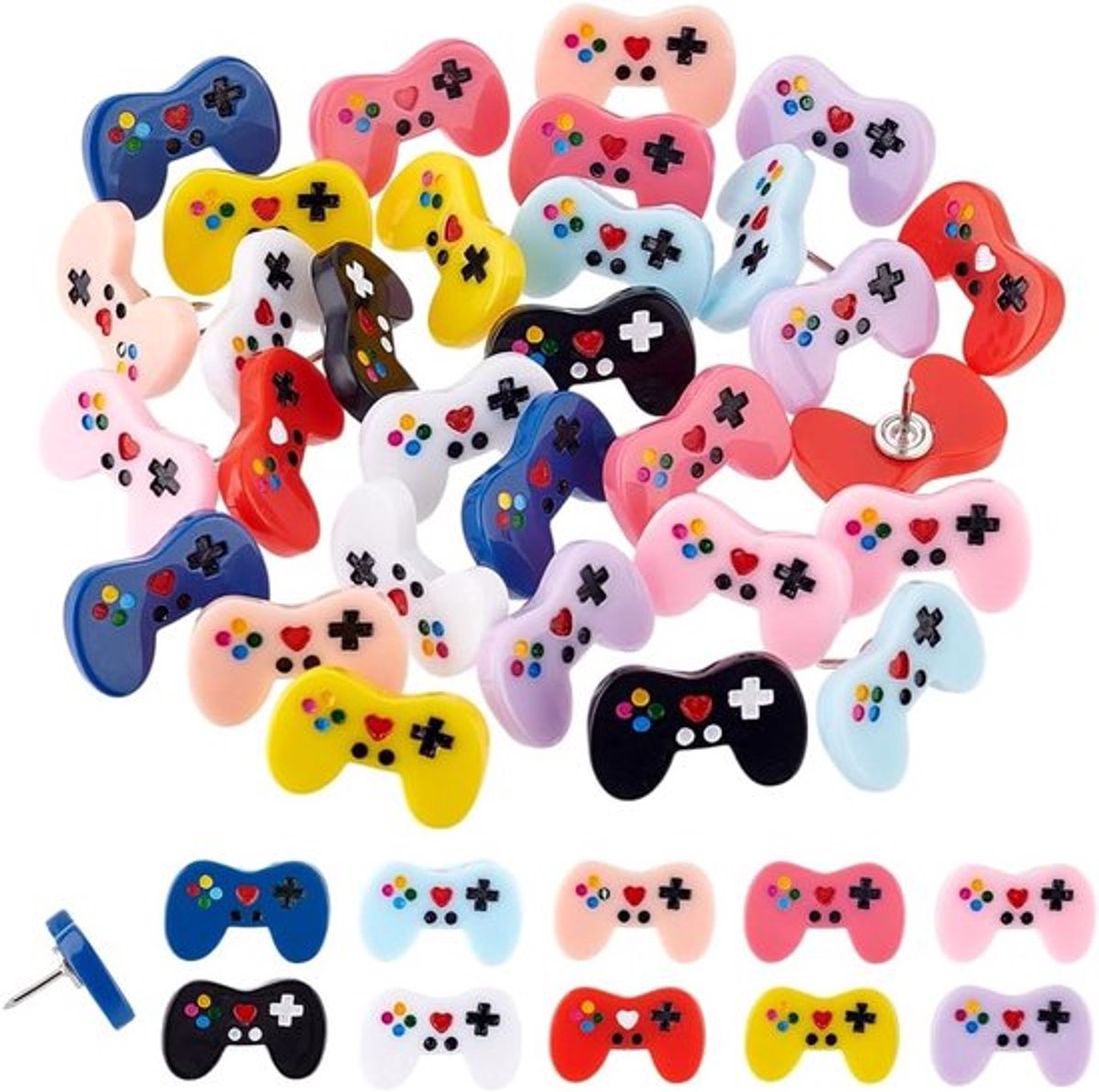 Kurkbord Accessoires Set van 30 Stuks in 10 Kleuren, Schattige Duimspijkers voor Videogame-Thema, Decoratieve Prikborden voor Kantoor en Thuisgebruik