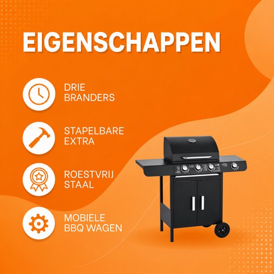 Gasbarbecue 3+1 Branders 110x50x100 cm Zwart – RVS met Zijbrander & Zijplank — afbeelding 5