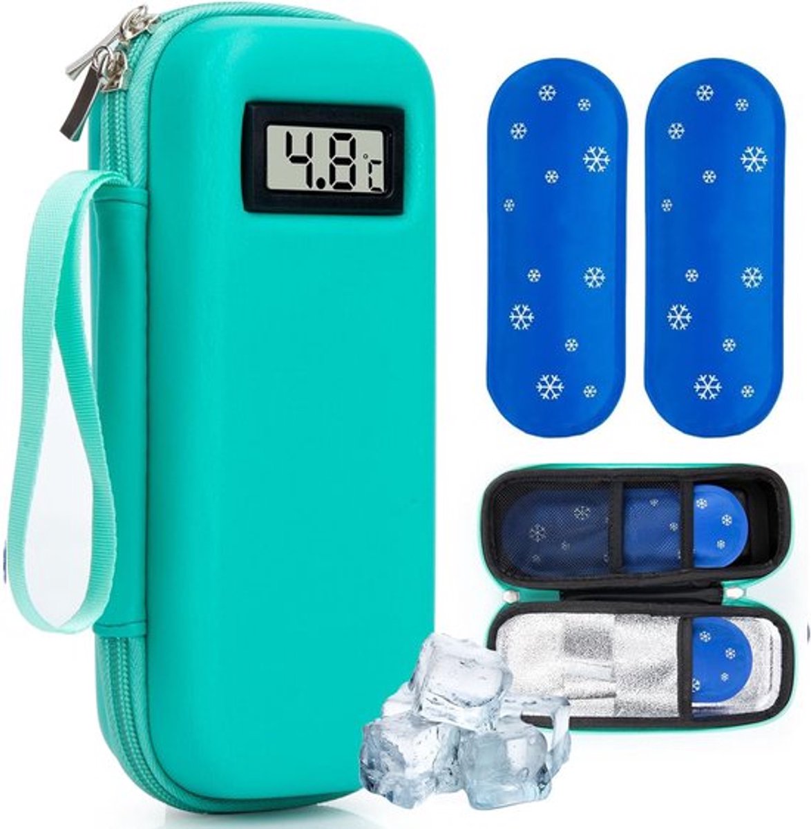 Insuline Koeltas met 2 Koelelementen - Met °C Temperatuurweergave - Diabetes Koeltas - Insulinepennen koeltas - Diabetische Reistas - Insuline Etui - Koelbox - Koeltasje Voor Op Reis - Koeltas voor Insulinespuit - Koelt Medicatie 6-8 uur lang - Groen