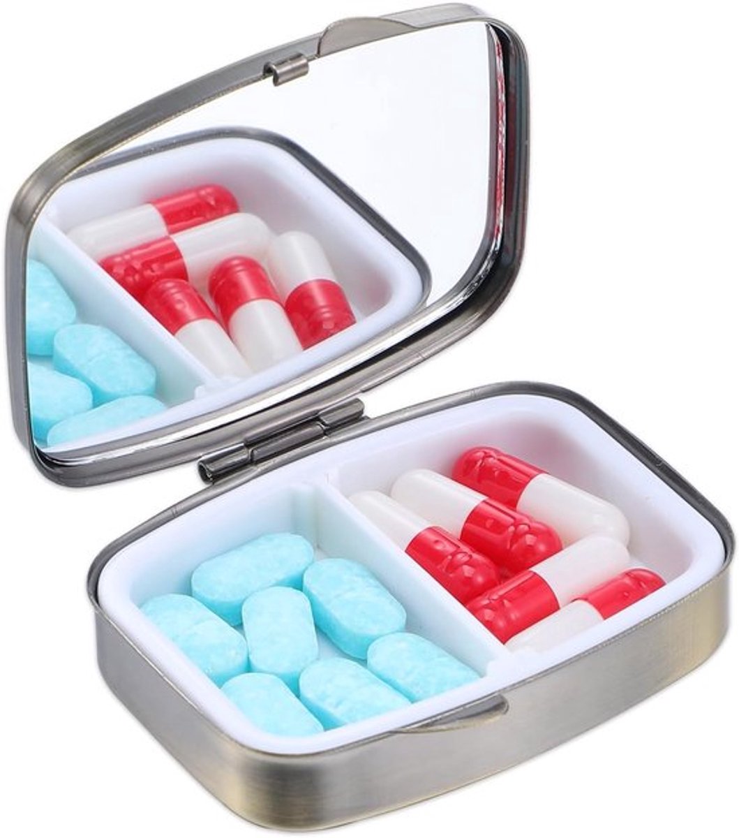 Pillendoos met spiegel en vintage design, 2-vakken pillen-organizer van metaal voor vitaminen, voedingssupplementen en medicijnen onderweg