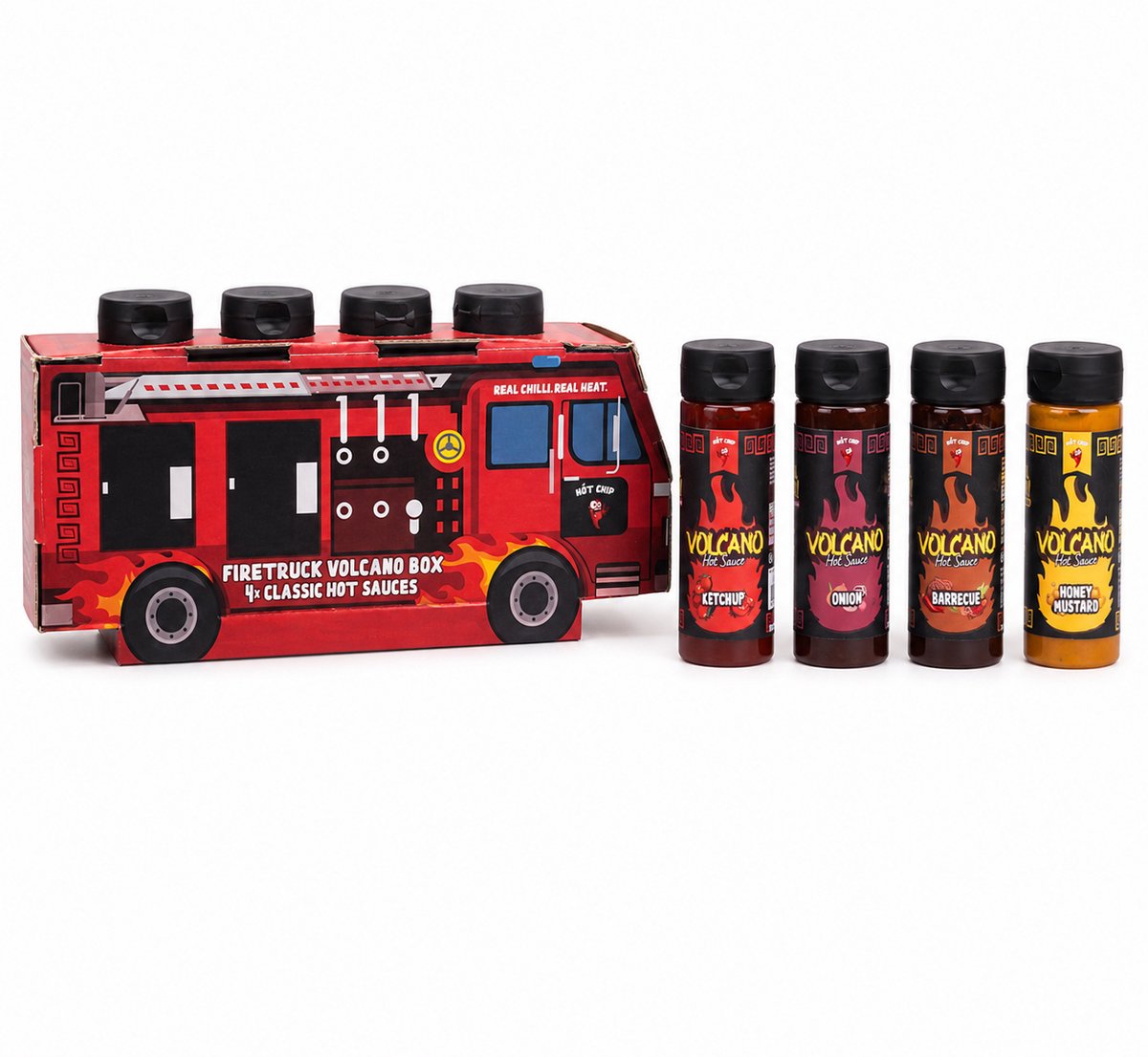 Firetruck Hot Sauce Gift Box – 4 Pittige Sauzen – Ketchup, Honing-Mosterd, BBQ & Uiensaus