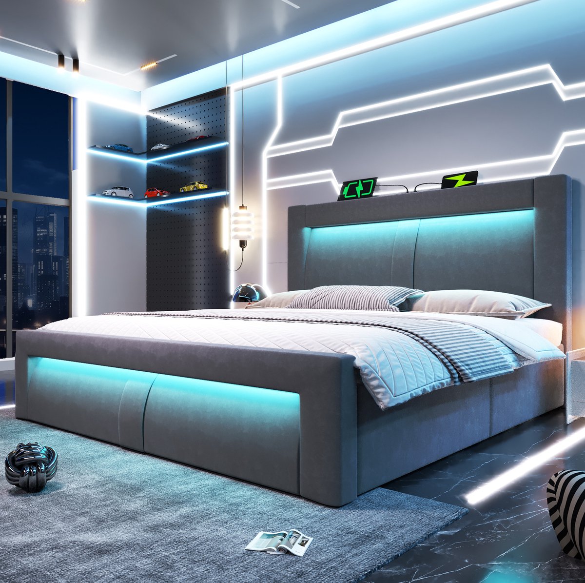 REDOM Bed - Dubbel bed 140 x 200 cm met opbergruimte en hydraulisch systeem - LED-verlichting met app-bediening - USB- en Type-C-oplaadpoorten - Stof - Grijs - 217 x 143 x 107 cm