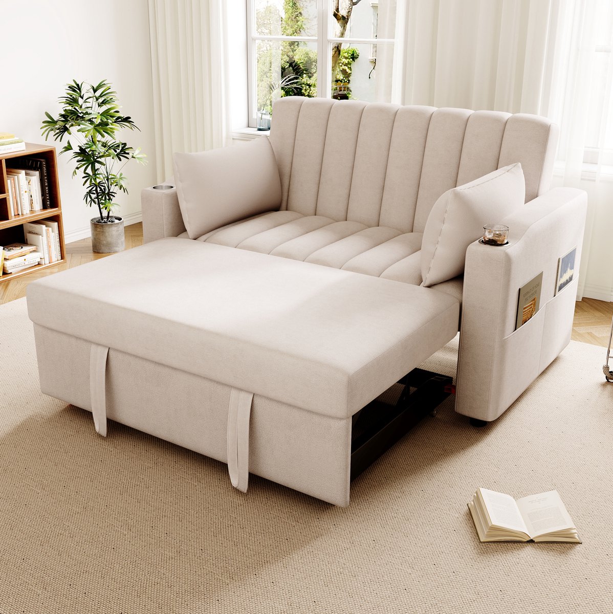 MEUNIQ Slaapbank 2-zits 136 x 162 x 84 cm met verstelbare rugleuning, bekerhouders en opbergtassen, voor woonkamer en slaapkamer, beige