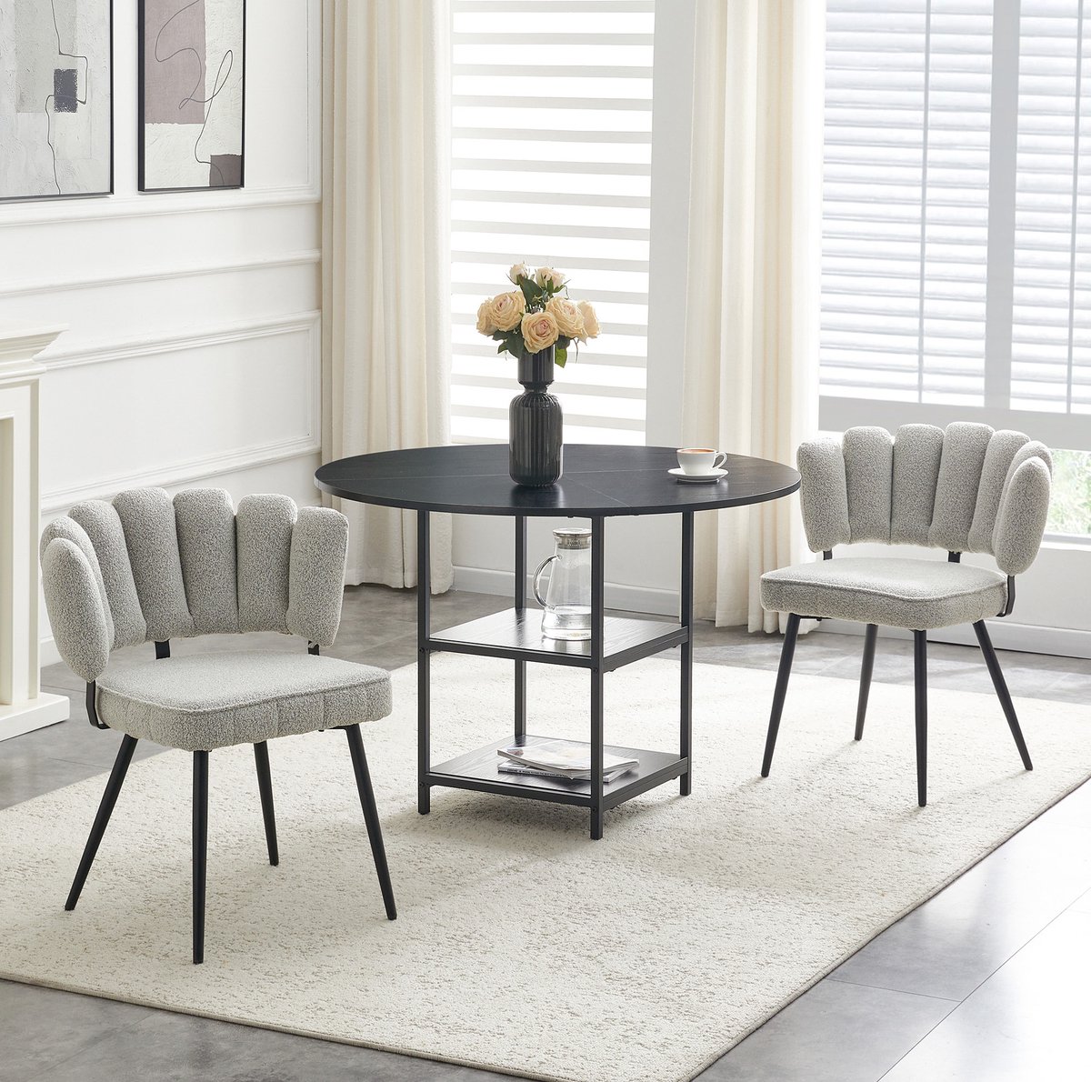 REDOM - Set tafel en stoelen - Ronde eettafel met dubbele opbergplanken - 2 eetkamerstoelen - Industrieel - Woonkamer en keuken - Hout en metaal - Zwart en Lichtgrijs - 107 cm