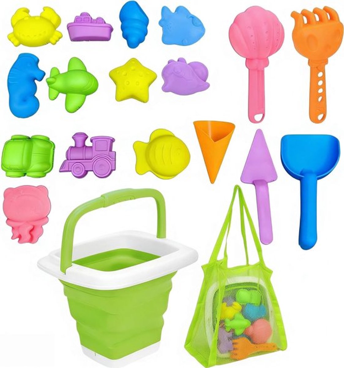 Complete Zand Speelgoed Set met 19 Stukken, Vouwbare Emmer, Schep en Mesh Compartment voor Strand, Tuin en Reizen, Geschikt voor Kinderen vanaf 3 Jaar
