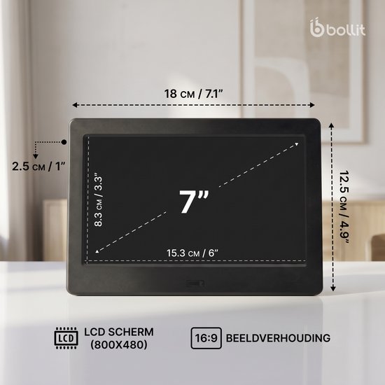 Zwart digitaal display van 7 inch, met afmetingen: 18 x 12.5 cm en schermresolutie 800x480.