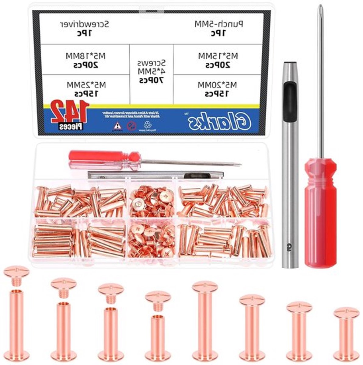 70 sets M5 rosegoud Chicago-schroevenset met verbindingsschroeven, punch en schroevendraaier voor creatieve projecten en handwerk
