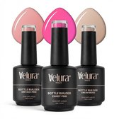 Drie flacons 'Velura Nails Bottle Builder' in vintage pink, candy pink en cream beige.