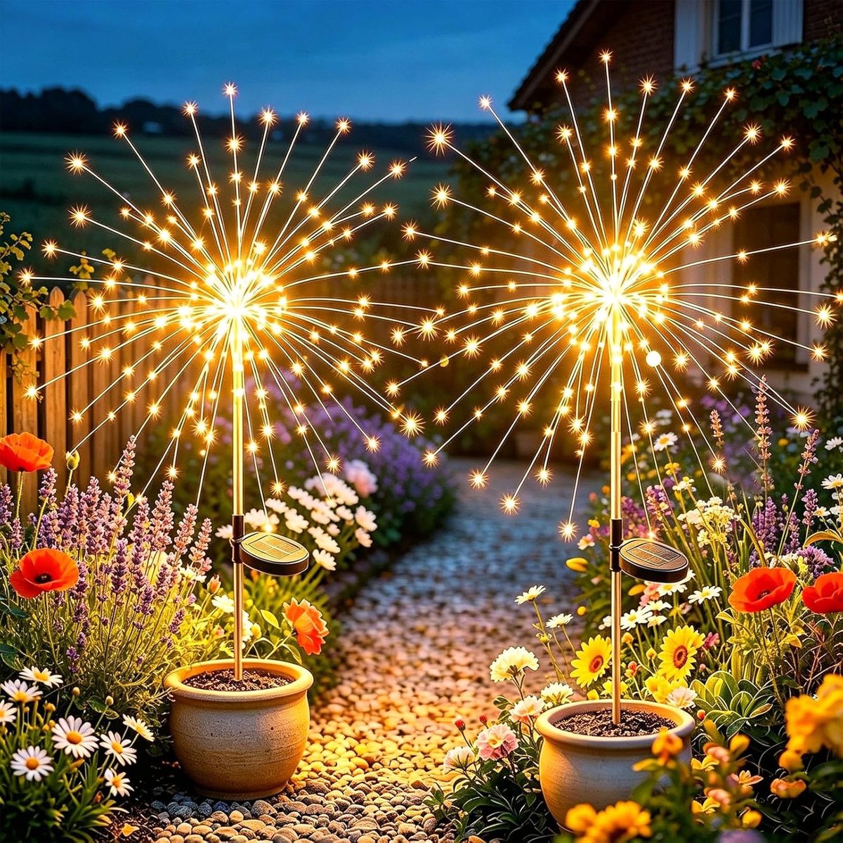 Solar Fireworks Lichten voor Buiten, 2 Stuks, 120 LED Solar Lampen, 8 Verlichtingsmodi, Waterdichte Sterrenburst Decoraties voor Tuin, Terras en Feesten - Warm Wit