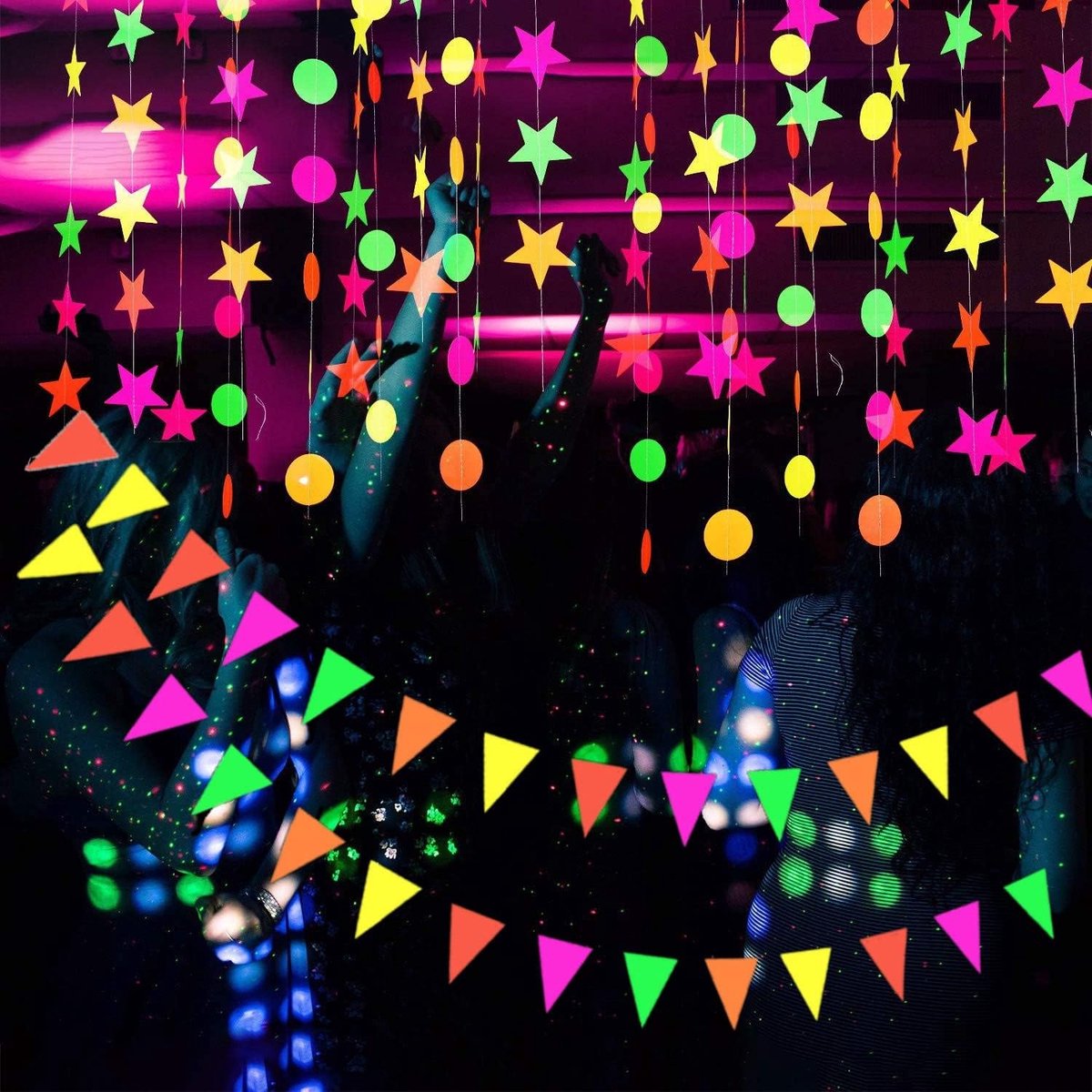 Blacklight Party Decoration, 3 Shapes/4.4 m Each Neon Luminous Garlands Under UV Light, Star Circle Point, Flags - ShopVlot