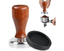 Robuuste 51 mm koffietamper van roestvrij staal met houten handvat en siliconen mat voor espresso en koffie liefhebbers