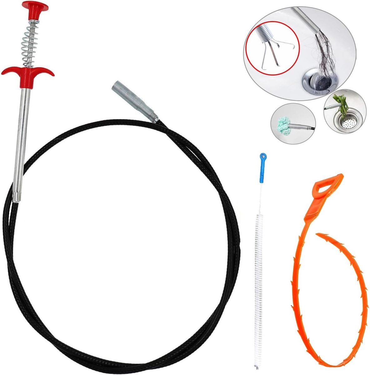 SnelShoppen - Cleaning Hooks Set van 3 voor Verstoppingen in Afvoeren, Wasbakken en Douche - RVS Ontstopper, Plastic Reinigingsborstel, Rood Handvat