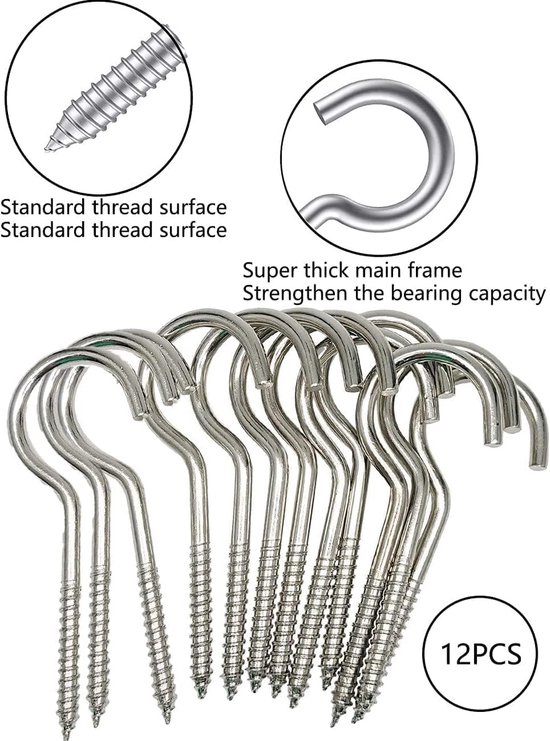 Ceiling hooks 12 stuks - roestvrij staal - zware kwaliteit - ideaal voor binnen en buiten - ShopVlot — afbeelding 2