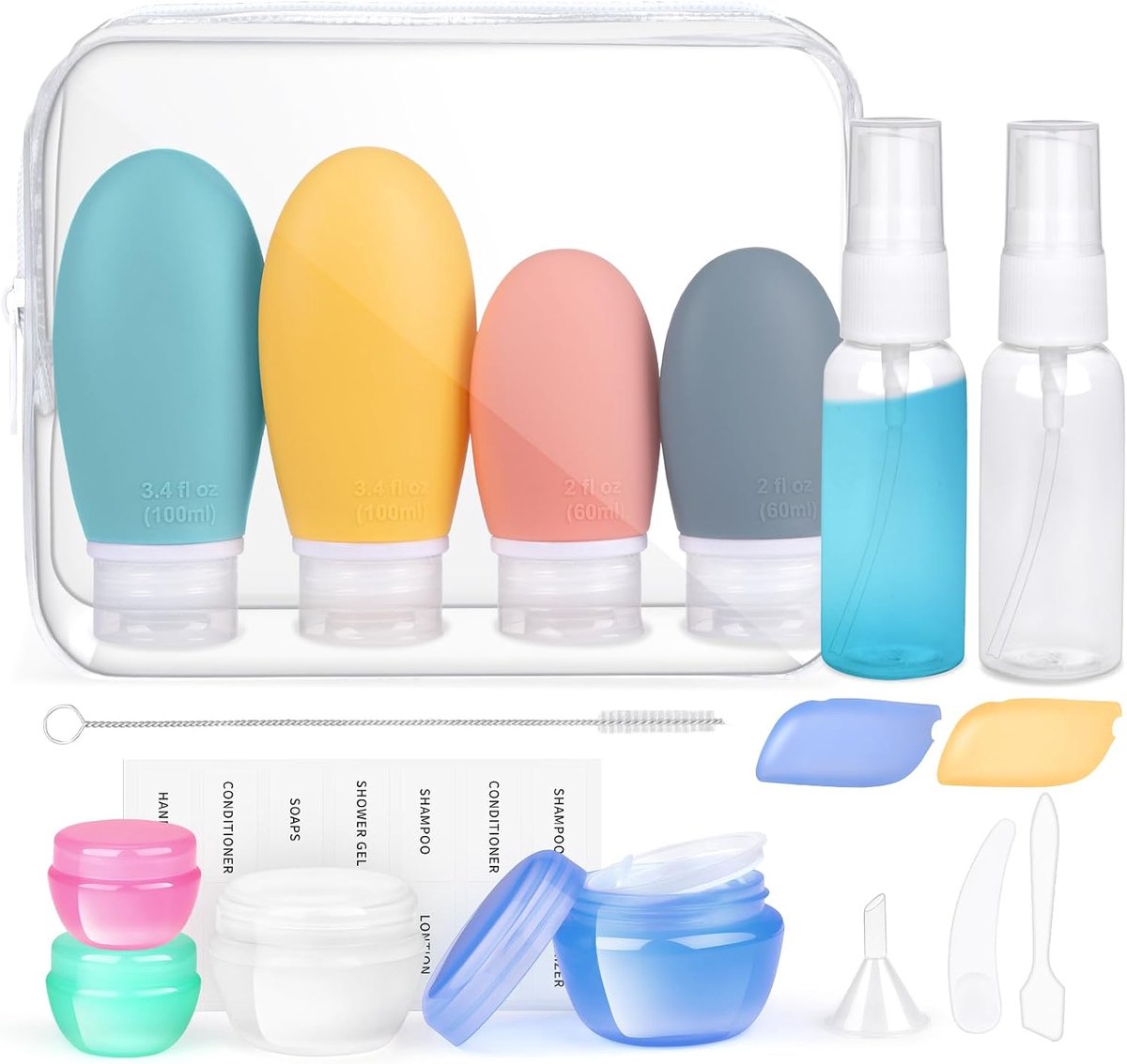 SnelShoppen - 18-delige Reisset Silicone Flessenset 30/60/100ml, Levensmiddelen Flessen voor Toiletten, Lekvrij, Navulbaar, TSA Goedgekeurd, Lege Cosm