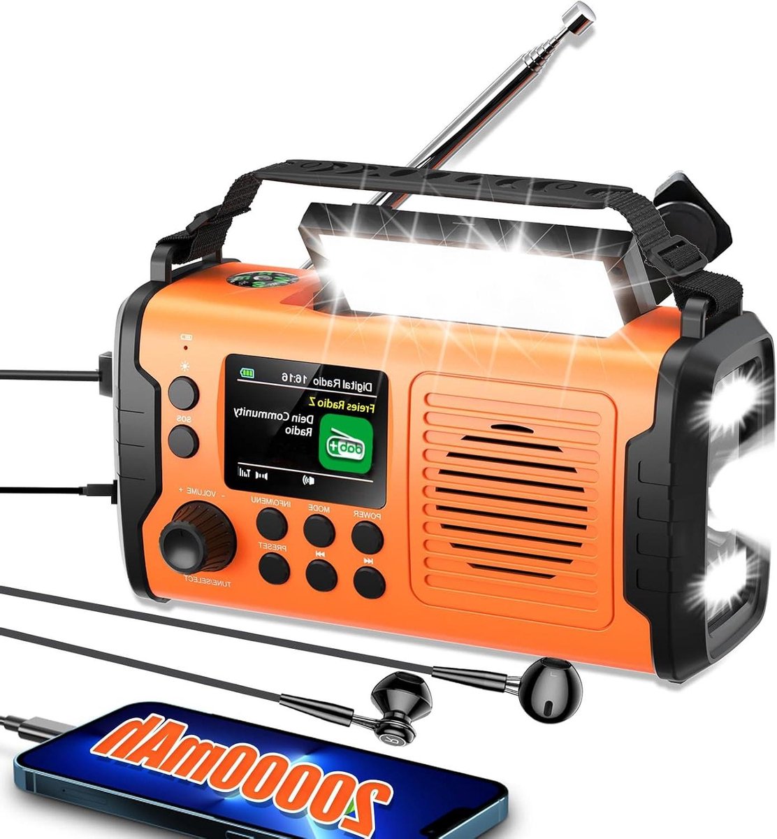 Noodradio met Oplader - Draagbare Radio - Buiten Activiteiten - 20.000 mAh Batterij - 11-in-1 Functies - Oranje