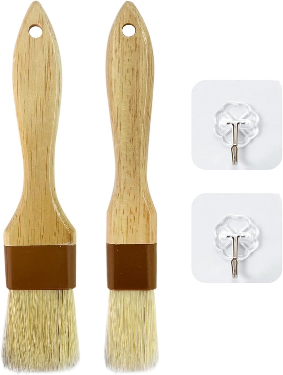 SnelShoppen - 2 Bakborstels, 2 Haakjes, Wilde Zwijnenharen Voedselborstel, Grillborstel, Olieborstel voor Koken, Keukenaccessoires, Geschikt voor Gril