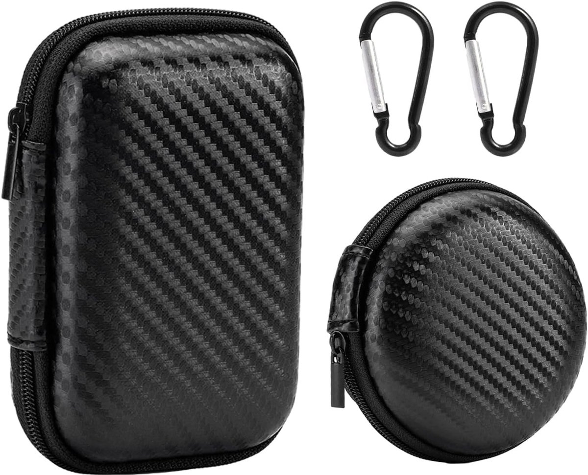SnelShoppen - 2 Stuks Mini Hoofdtelefoon Opbergtassen met 2 Carabiners, Hoofdtelefoon Opbergtas, Datakabel Opbergtas, Harde EVA Hoofdtelefoon Case, Re