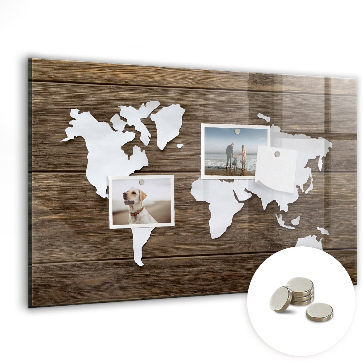 Coloray Glazen Magneetbord - Magnetisch Bord Wereldkaart op planken - 60x40 cm - Bruin Magneetbord - Magnetic Board - Magneetbord Design