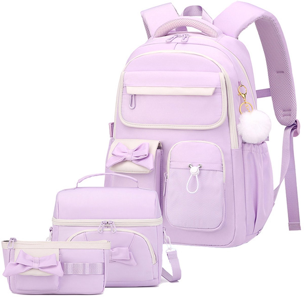 VHV Schoolrugzak Meisjes - 3-delige Set met Lunchset, Etui en Strik - Paars - Voor Basis- en Middelbare School