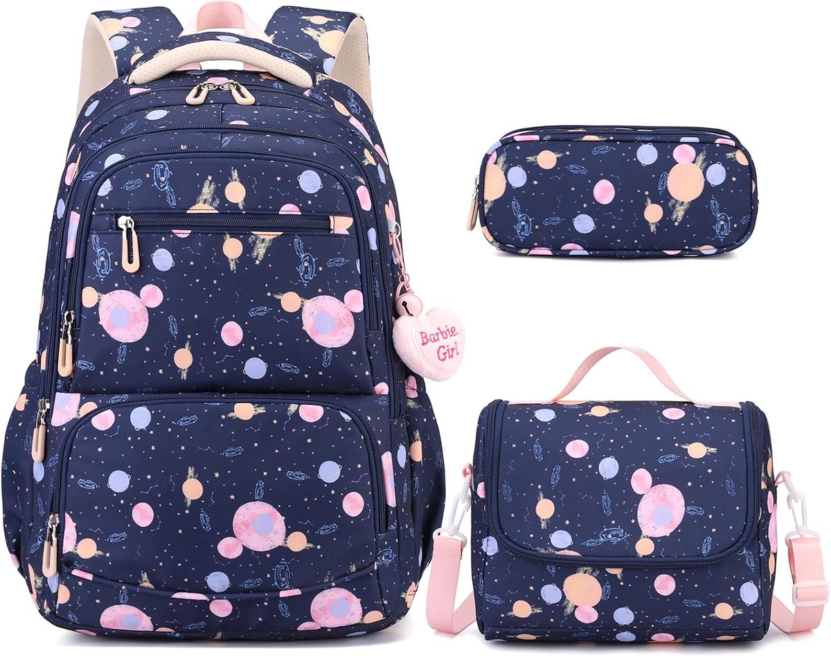 VHV Schoolrugzak Meisjes - 3-delige Schooltassenset 28 L met Lunchset en Etui - Blauw - Voor School en Reizen