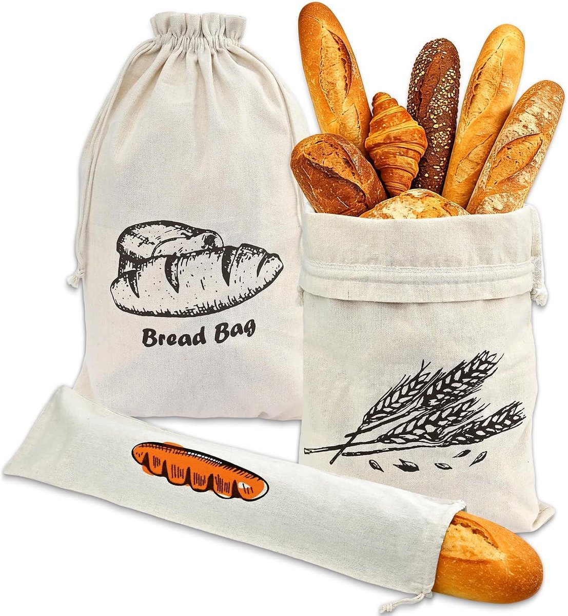 Linnen Broodzakken - Natuurlijk Kleur - 45 x 30 cm en 16 x 64 cm - Ademend en Duurzaam - Voor Brood en Stokbrood