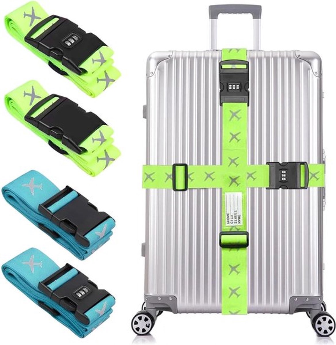 Verstelbare Kofferband met Combinatieslot, Reisaccessoires Beveiliging, Geschikt voor Koffers en Bagage (Blauw, Groen)