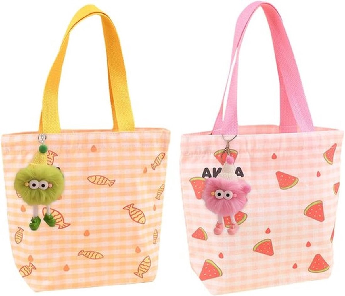 Vouwbare boodschappentassen - 2 stuks, herbruikbare stoffen tas met handvat, ideaal voor winkelen en modeaccessoires (Watermeloen, Vis)