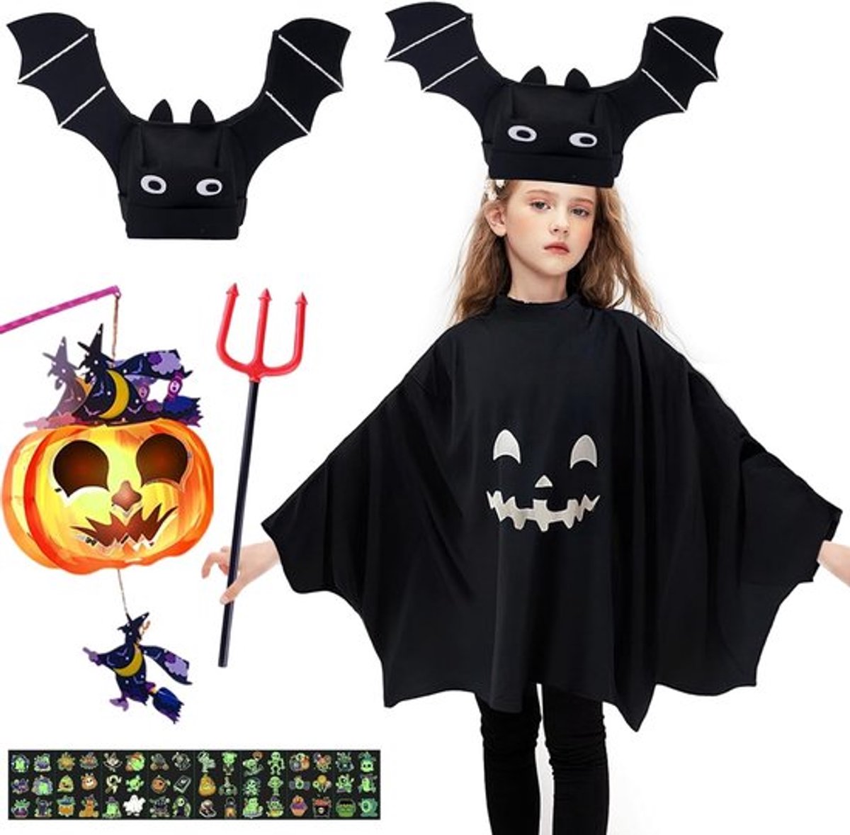 Spookachtig Halloween Kostuum voor Kinderen met Bat Hoed, Luminous Pompoenlichten en Tatoeages, Perfect voor Feestjes en Carnavals