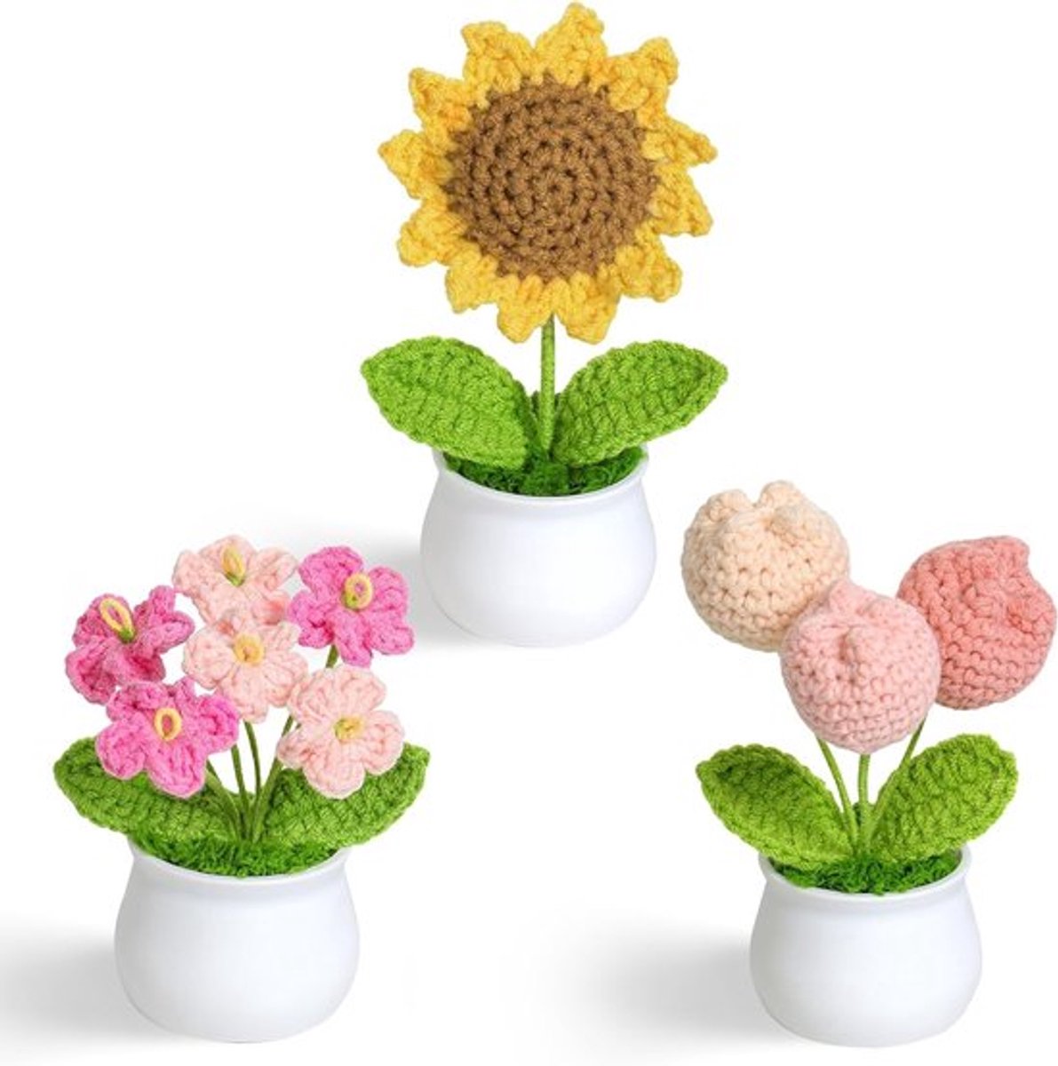 Set van 3 Handgemaakte Haakbloemen, Schattige Zonnebloem Decoraties voor Emotionele Ondersteuning, Desk Decor en Cadeau voor Beterschap