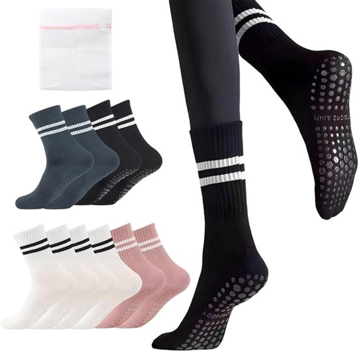 Comfortabele Antislip Sokken voor Dames - Ideaal voor Yoga, Pilates en Fitness Training - Maat EU 35-42 in Wit, Zwart, Grijs en Roze