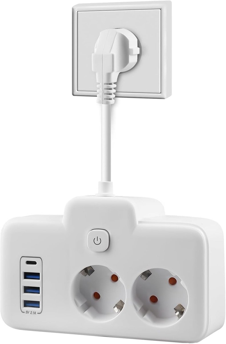 Dubbele Stekkerdoos - Wit - Wandmontage - Met 2 AC-aansluitingen, 3 USB en 1 Type-C - Voor Thuis en Kantoor