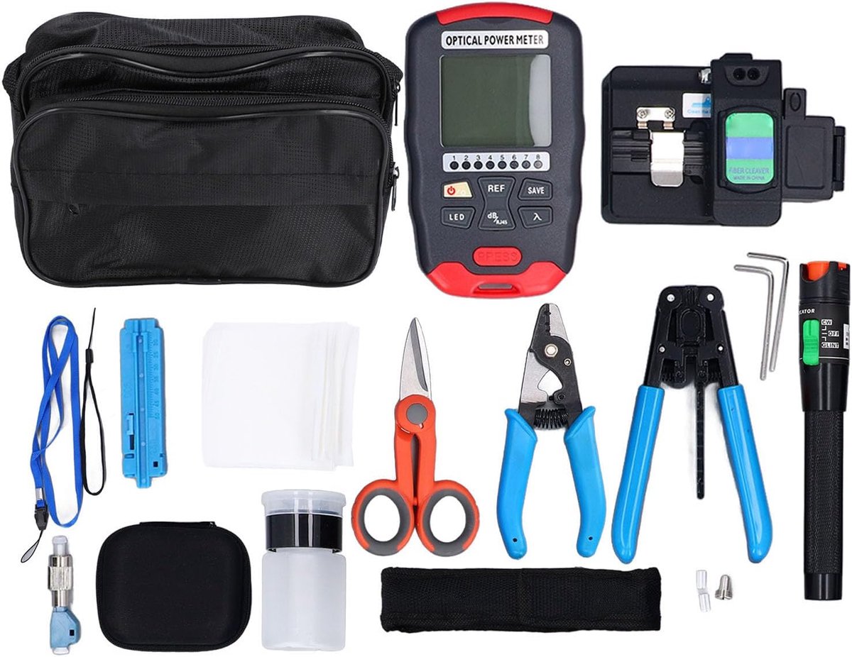 SnelShoppen - Complete Fiber Optic Tool Kit 30MW VFL -70 To +10 DBm OPM Met 3-Hole Stripper, Kabelstripper, Schaar, Draagtas Voor Fiber Optic Verbindi