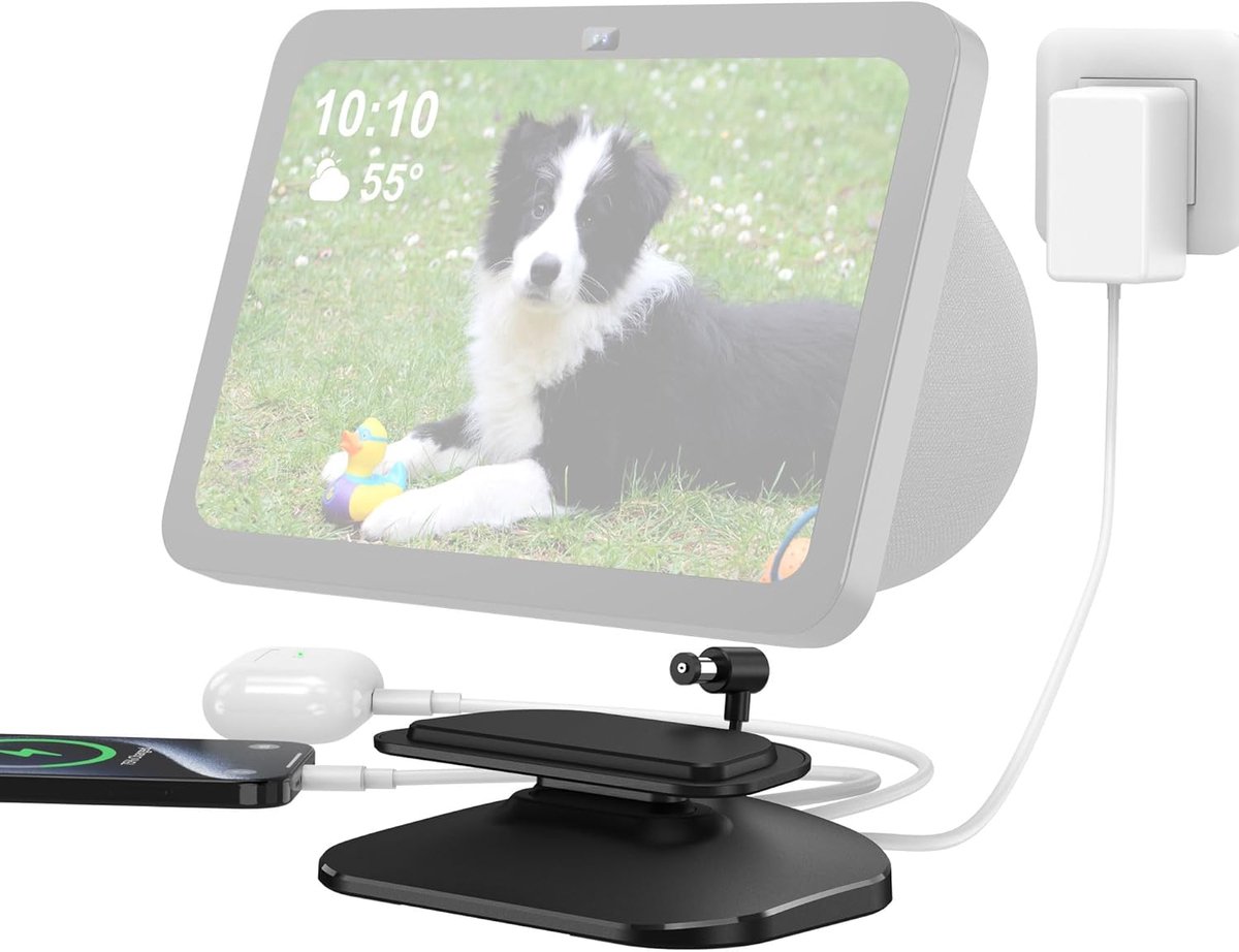 SnelShoppen - Verstelbare Houder met USB-C/A Oplaadpoort, Oplaadstation Geschikt voor Show 8 3e Generatie, iPhone, iPad, iWatch, Airpods - Zwart