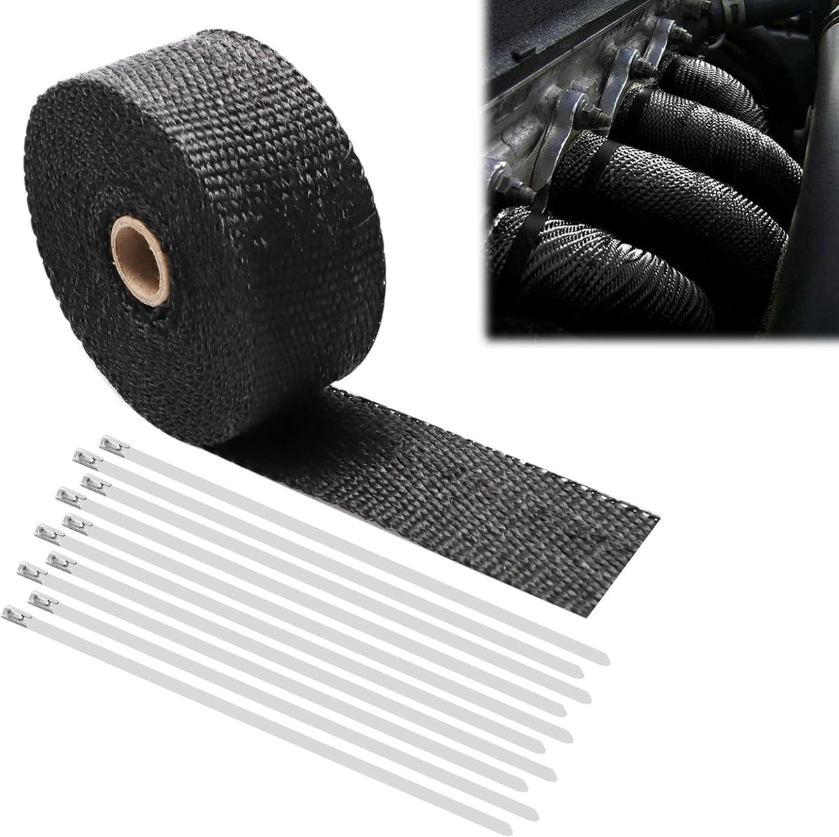Black Exhaust Tyre, Heat Protection Tape, Basalt Fiber Insulation Tape, Heat Resistant Exhaust Tape, with 10 Cable - ShopVlot