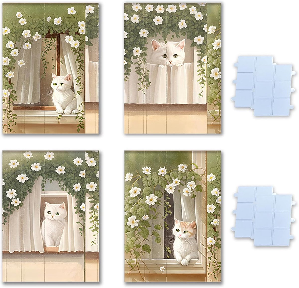 SnelShoppen - Set van 4 kattenfoto's voor kinderkamer zonder lijst, posters voor kinderkamerdecoratie, inclusief dubbelzijdige tape, 20x30 cm