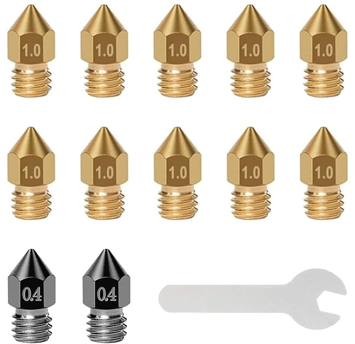 SnelShoppen - Pack van 12 3D Printer Nozzles MK8 2 x 0.4 mm Hardstalen Nozzles + 10 x 1 mm Messing Nozzles + Sleutel voor 3D Printer Anycubic Mega/Cre