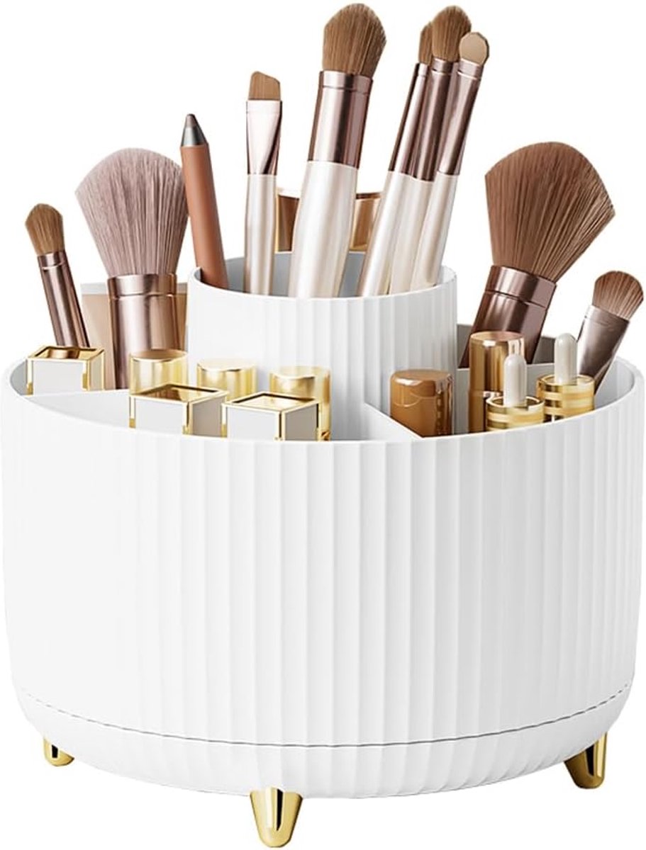 SnelShoppen - 360° Draaiende Make-up Opbergdoos, 5 Vakken Cosmetica Opbergbak, Rotating Make-up Kwasten Opbergdoos voor Slaapkamer, Kantoor, Badkamer,