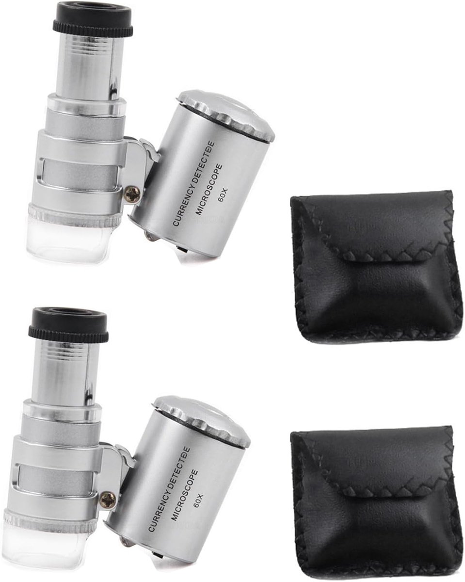 SnelShoppen - Pack van 2 Mini Pocket Microscoop 60x, Pocket Vergrootglas met LED en UV Licht, Verstelbaar Vergrootglas voor Juweliers en Munten, Handz