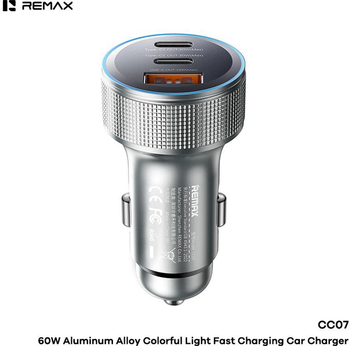 Remax CC07 - Autolader - 60W - Aluminium - Sfeerverlichting - Zilver
