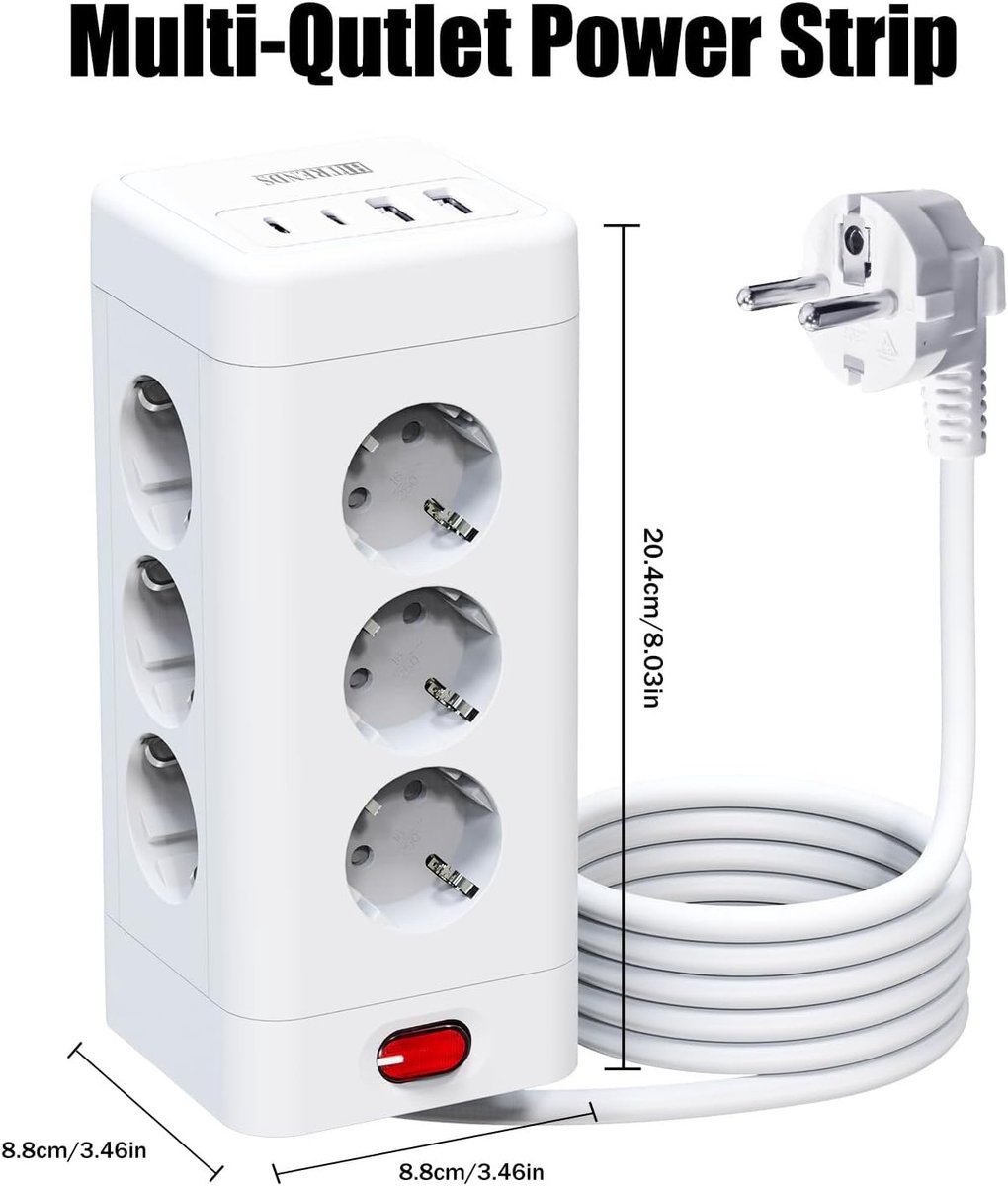 Stekkerdoos met 2 USB - Wit - 12-voudige Stekkerdoos met Schakelaar - Voor Wandmontage
